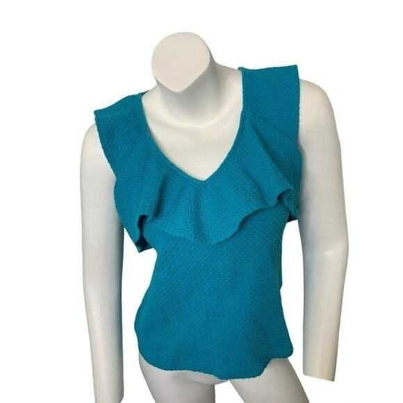 Deletta Anthropologie Small Turquoise v-neck sleeveless blouse ruffle collar - Picture 1 of 7